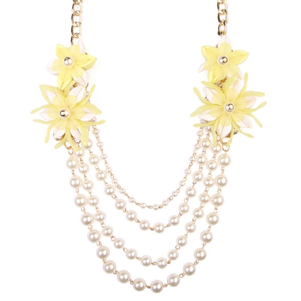 Brand New Yellow Floral & Faux Pearl Necklace - Picture 2 of 4
